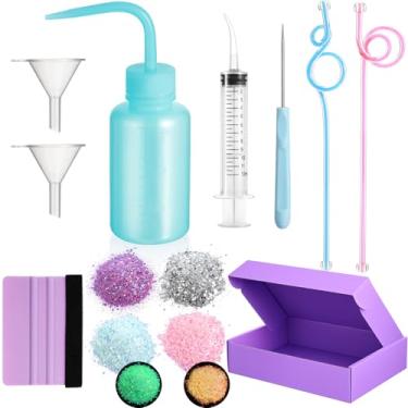 Imagem de Jerify Kit de ferramentas faça você mesmo globo de neve, 4 cores, glitter grosso, garrafa de plástico, funis, seringa curvada, haste de agitação, furador, espátula para fazer copos criativos e