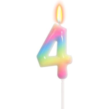 Imagem de ELekFX Vela gradiente número 4 arco-íris, topo de bolo de feliz aniversário para 4º aniversário, decorações de festa arco-íris e lembrancinhas de festa