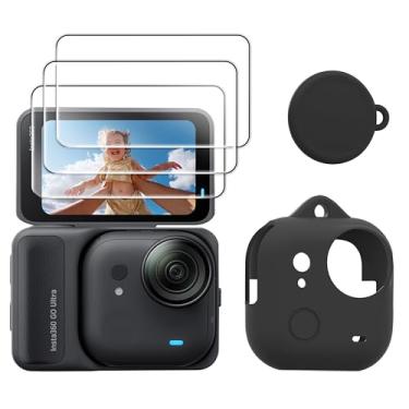 Imagem de FitStill Capa protetora de borracha de silicone + protetor de tela + protetor de lente para Insta 360 Go Ultra, filme de vidro temperado resistente a arranhões 9H protetor de dureza sensível ao toque
