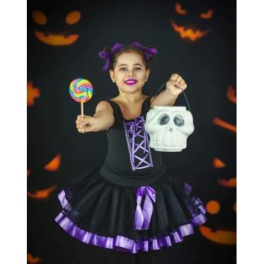 Imagem de Fantasia Infantil Halloween, Saia de Tule Preto com Fita Roxa, Collant detalhado Corset preto, Saia Tutu, Acessórios em Roxo, para Festa à Fantasia - Tam PP- 4 anos
