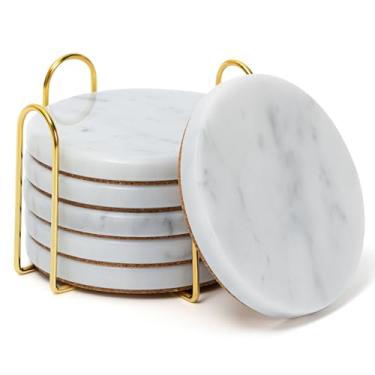 Imagem de YONGHEE Conjunto de 6 porta-copos de mármore com suporte, porta-copos elegantes e modernos de mármore branco redondo para decoração de mesa de café, porta-copos de pedra semiabsorvente para bebidas