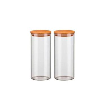 Imagem de Kit 2 Potes Vidro Hermético 1500Ml Tampa Madeira Bambu Porta