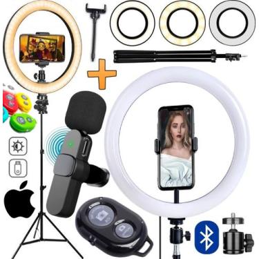 Imagem de Ring Light Iluminador Luz Led Tripé 2 Metros Microfone Lapela Sem Fio 