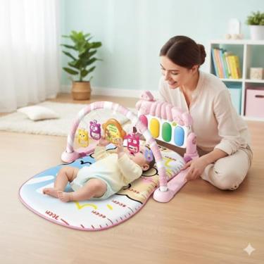 Imagem de Tapete Bebê de Atividades Musical com Piano Interativo - Rosa | Estimula Coordenação, Sentidos e Desenvolvimento | Macio, Seguro e Educativo, com Brinquedos Coloridos e Som Divertido, para +3 Meses