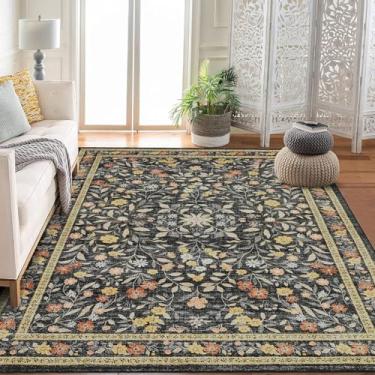 Imagem de Tapetes florais para sala de estar, lavável, antiderrapante, ultrafino, boho, flor, interior, para quarto de meninas, berçário, sala de jogos, preto, 20 x 3 m