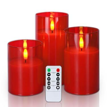 Imagem de Amagic Velas de vidro de Natal sem chama com controle remoto, velas de pilar de cera real operadas com temporizador, vela falsa de LED vermelho para decoração de Ação de Graças, conjunto de 3, D3 x H4