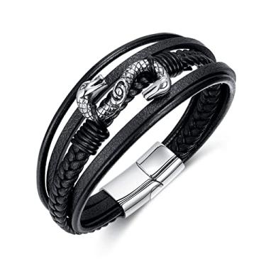 Imagem de Rockyu Pulseira masculina de couro preto e aço inoxidável com dragão 210 mm de comprimento e 11 mm de largura, design ousado, joias modernas