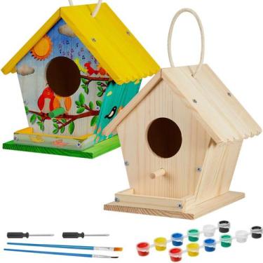 Imagem de Kit Bird House Juexica Wooden DIY 6,8x6,8x5,8 cm, pacote com 2