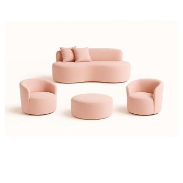 Imagem de Conjunto 02 Poltronas + Sofá e Puff Curvo Orgânico Nature Gaia Boucle Rosê - Montanaris Decor