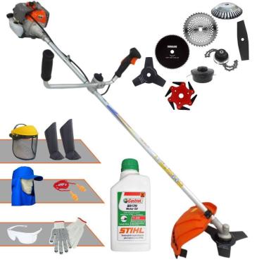 Imagem de Roçadeira Vulcan VP330P 1,2HP 33cc + Facas 2 Pontas, 3 Pontas, 6 Pontas, 40 Dentes Vídea, 80 Dentes, Trimmer, Carretel e Escova + EPI + ÓLEO STIHL 2T