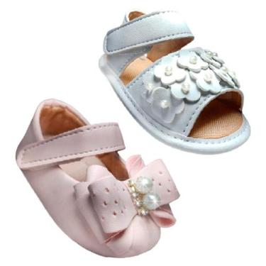 Imagem de Kit 2 Pares de Calçados Bebê Menina Recem Nascido  Laço, Pérolas e Flo