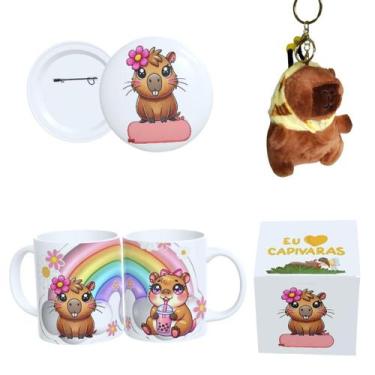 Imagem de Kit Completo Capivara  Caneca Estampada, Botton 4,4cm, Pelúcia de Capi