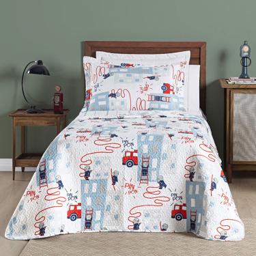 Imagem de Kit Cobre Leito Colcha Solteiro Infantil Fantasy Dupla Face Microfibra 2 Peças - Bombeiro Branco