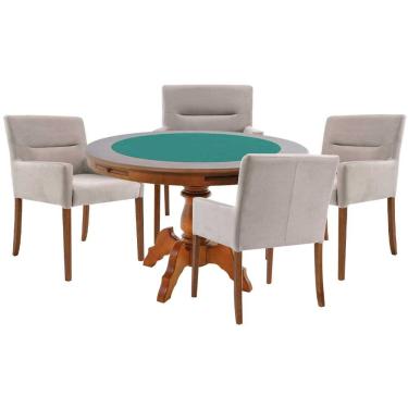 Imagem de Mesa de Jogos Carteado Redonda Montreal Tampo Reversível Amêndoa com 4 Cadeiras Vicenza Nude - Gran Belo
