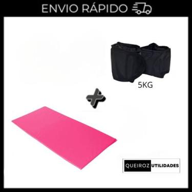 Imagem de KIT Caneleira de Peso Preta Par de 5KG + Colchonete Rosa Treino/Academ