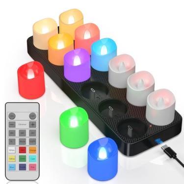 Imagem de PChero Velas recarregáveis sem chama com temporizador remoto e base de carregamento, pacote com 12 9 luzes de chá que mudam de cor, operadas por bateria, velas votivas de LED para decoração de casa de