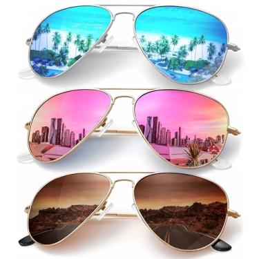 Imagem de Óculos de sol aviador para homens e mulheres óculos de sol polarizados para dirigir óculos de sol clássicos (pacote com 3) 58 mm, Azul/Rosa/Marrom