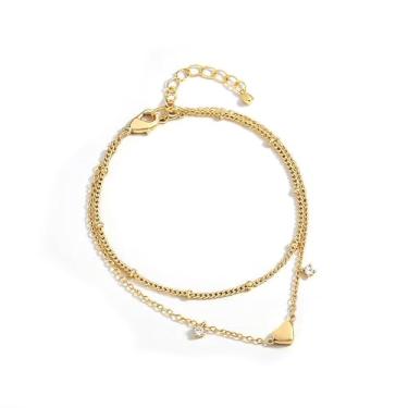 Imagem de Tornozeleira de coração dourado com detalhes de cristal – Design delicado em camadas, One Size, Metal, Sem Pedra Preciosa