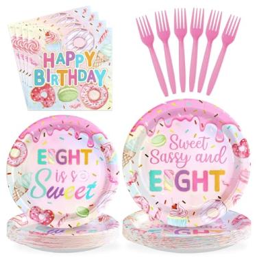 Imagem de Greencian 96 Pcs Sweet Sassy and 8 Birthday Decorations Donut 8th Birthday Party Decorations for Girls Colorful Donut Plates and Napkins 8 Years Old Disposable Party Supplies Serves 24