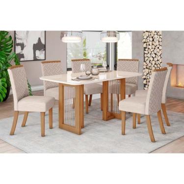 Imagem de Conjunto Mesa Sala Jantar Yara Com Tampo Madeirado Com Vidro Curvo 160x90cm E 6 Cadeiras Malu Nature Linho Henn