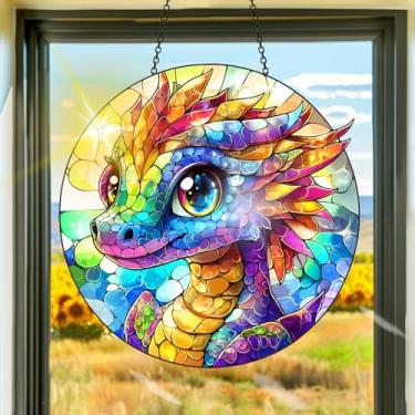 Imagem de Acrílico colorido, apanhador de sol, decoração de janela pendurada de dinossauro, arte de parede de arco-íris, para sala de estar, quarto, varanda, interior e exterior, jardim, enfeites de Natal 19 x