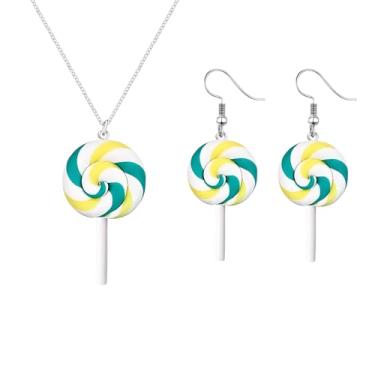 Imagem de QLUYCKW Conjunto de brincos de colar de pirulito de Natal para mulheres, simulação criativa de comida, pirulito, brincos com pingente fofo, leve, colorido, arco-íris, pirulito, colar, berloque