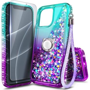 Imagem de Capa NGB projetada para iPhone 16 Plus, Aqua/Roxo | Capa fofa com glitter líquido brilhante para mulheres, meninas e crianças | com protetor de tela de vidro temperado, suporte de anel e alça de pulso