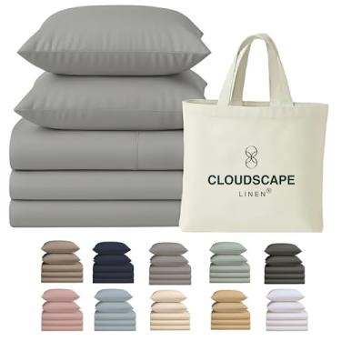 Imagem de CLOUDSCAPE LINEN Jogo de cama King dividido 100% algodão egípcio para cama ajustável, jogo de cama de 5 peças, 400 fios, qualidade hoteleira, macio, respirável e durável, bolsos profundos até 17