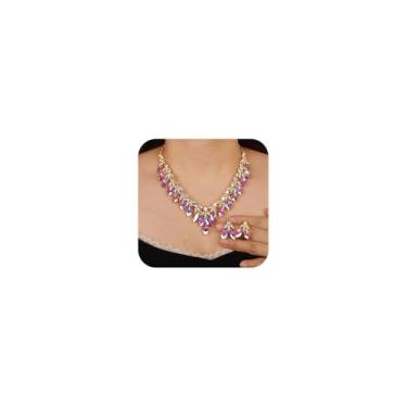 Imagem de Missgrace Conjunto de colares e brincos vintage boho noiva casamento brilhante colorido verde vermelho banhado a ouro grande festa formatura prata lágrima strass grande brilhante Halloween Natal verde