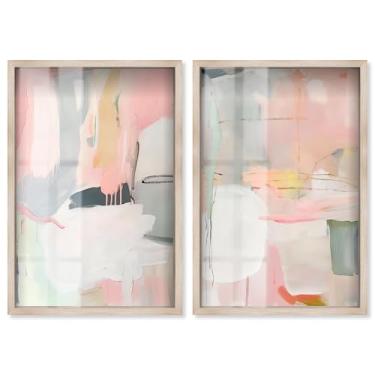 Imagem de Blush Oasis Minimalista Conjunto de 2 Painéis Shadowbox Impressão Sala de Estar Arte de Parede por Art Remedy, Moldura Branca, 43 x 63 cm