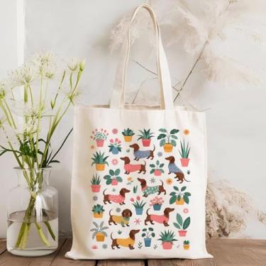 Imagem de Sacola de lona de Dachshund com plantas fofas, presentes para amantes de plantas, amantes de cães, reutilizável, bolsa de ombro para compras, viagens, trabalho