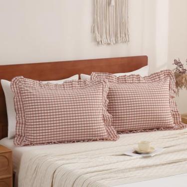 Imagem de YHJWW Capas de almofada rosa caramelo guingão com babados, 100% algodão lavado, como linho, sensação macia, confortável, tamanho padrão, xadrez, fofo, conjunto de 2 fronhas (50 x 66 cm, fecho de