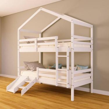 Imagem de Beliche Solteiro Casinha com Kit Escada/Escorregador Grade Proteção Madeira Maciça Branco Megamobilia
