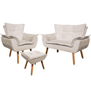 Imagem de Conjunto Poltrona Puff E Namoradeira Pés Palito Charger Suede Bege G19 - Gran Belo