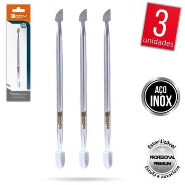 Imagem de Kit 3 Espátula Cutícula Manicure Empurrador Raspador Aço Inox Premium 