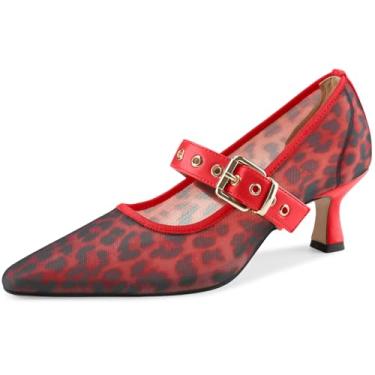 Imagem de Sandália feminina de malha fechada bico fino com strass tira no tornozelo fivela salto gatinho Mary Jane sapatos elegantes para formatura casamento 5 cm, Leopardo vermelho, 39
