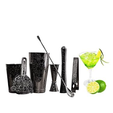 Imagem de SKY FISH Kit de bartender, conjunto de coqueteleira - 7 peças de aço inoxidável banhado a preto com latas Boston Shaker, colher de mistura, mojito muddler, jigger duplo japonês, coador Hawthorne