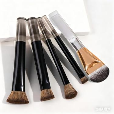 Imagem de Conjunto de 5 pincéis de maquiagem, macio, sem riscas, mistura perfeita, cerdas veganas de luxo premium, para líquido, creme ou pó, vegano, livre de crueldade (prata dourada)