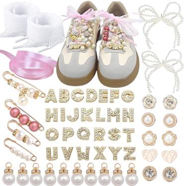 Imagem de Rozecollin Amuleto de lixo, pingentes de sapatos para tênis, letras de strass completas de A-Z para cadarço faça você mesmo, amuletos de meias de sucata, kit de tênis, broches e alfinetes para