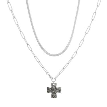 Imagem de MANZHEN Colar de cruz grossa para mulheres, pingente de cruz com inicial em camadas, vintage, clipe de papel, espinha de peixe, gargantilha de cobra, joia de fantasia, 18 Inches, Metal, Sem Pedra