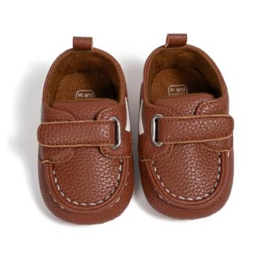 Imagem de Mocassins infantis de couro PU para bebês meninos e meninas primeiro andar berço, leve, sola plana antiderrapante, Marrom, 12-18 Months Toddler