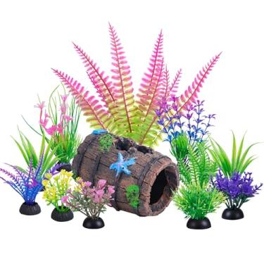 Imagem de Ameliade Decoração de plantas de plástico para aquário e aquário conjunto de decoração de caverna esconderijo barril quebrado peixe dourado Betta pequenos ornamentos acessórios (12 peças)
