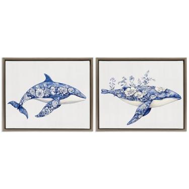 Imagem de Stupell Industries Conjunto de tela flutuante com moldura marrom de baleias com estampa de vaso sanitário florescendo, design por Lettered and Lined, 25 x 31