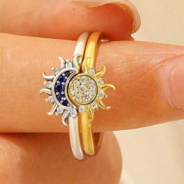 Imagem de 1 conjunto de anéis empilháveis banhados a prata branca torcendo o sol e a lua para mulheres uso diário namoro melhor presente de aniversário joias finas presentes, Bubble black gold-9, Prata
