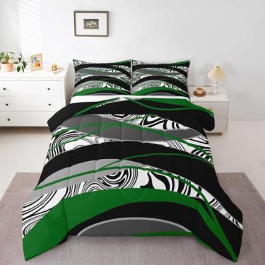 Imagem de Conjunto de cama casal de arte abstrata, preto, branco e verde, conjunto de edredom geométrico, redemoinho geométrico, para decoração de quarto de crianças, adolescentes, homens e mulheres, inserção