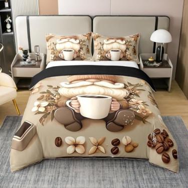 Imagem de Erosebridal Gnome Capa de edredom 100% algodão Queen Size café anão conjunto de cama para meninos meninas desenho animado floral feijão marrom cinza capa de edredom macio respirável roupa de cama