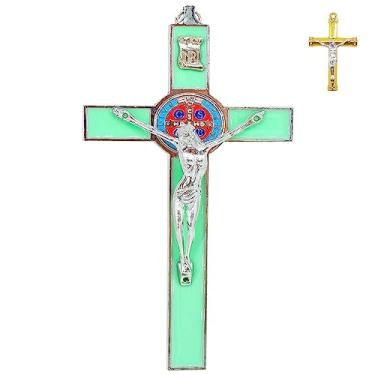 Imagem de rnuie Decoração de parede de metal com cruz crucifixo de Jesus, pingente de cruz de São Bento, decoração de parede religiosa para casa, igreja, ornamentos católicos - 19 cm (verde)