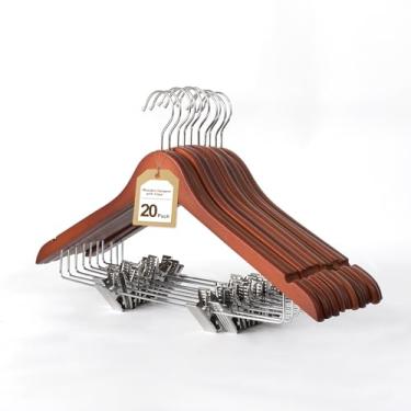 Imagem de Hapmira Cabides de madeira com clipes ajustáveis, cabides de saia resistentes de madeira maciça com gancho giratório de 360° para blusa, vestido, terno, calça, saia, jeans, casaco, jaqueta (20