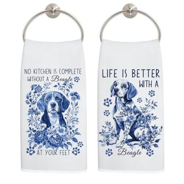 Imagem de LADOCK Chinoiserie Toalhas de cozinha para cães Beagle, presentes de beagle para mulheres, toalhas de mão decorativas, toalha de chá floral azul e branca para decoração de cozinha, 40 x 61 cm
