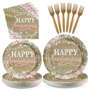 Imagem de Conjunto de pratos e guardanapos rústicos de flor rosa de flor de madeira para aniversário de feliz aniversário com 96 peças de decoração de festa de casamento para festas de casamento 40, 50, 60
